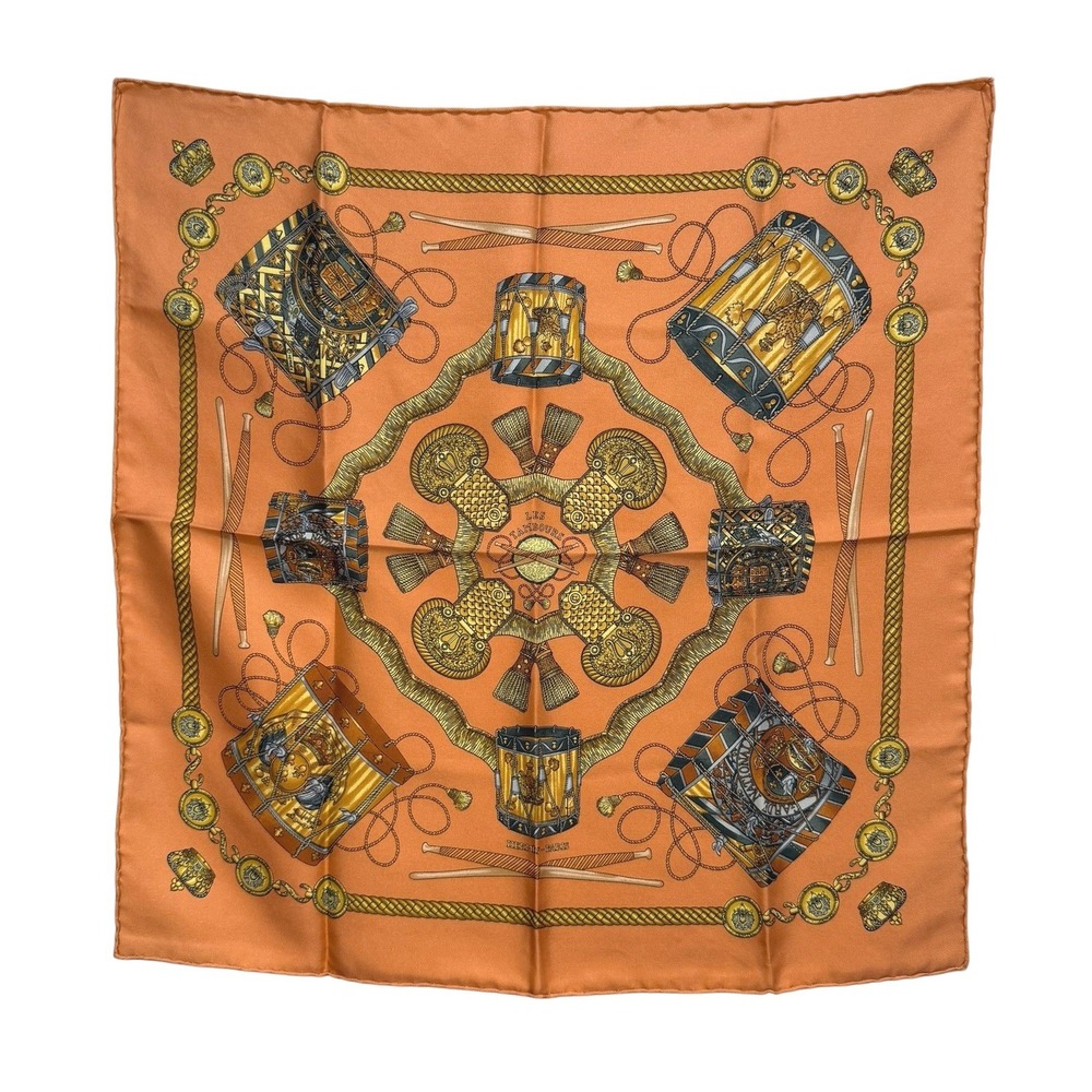 Hermès Les Tambours Gavroche Silk Scarf Orange 45cm Drum Motif France